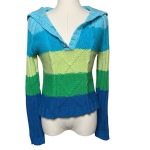 Vintage Y2K Mudd Knit Stripe Colorblock Hoodie Green Blue Hippie Twee Cute